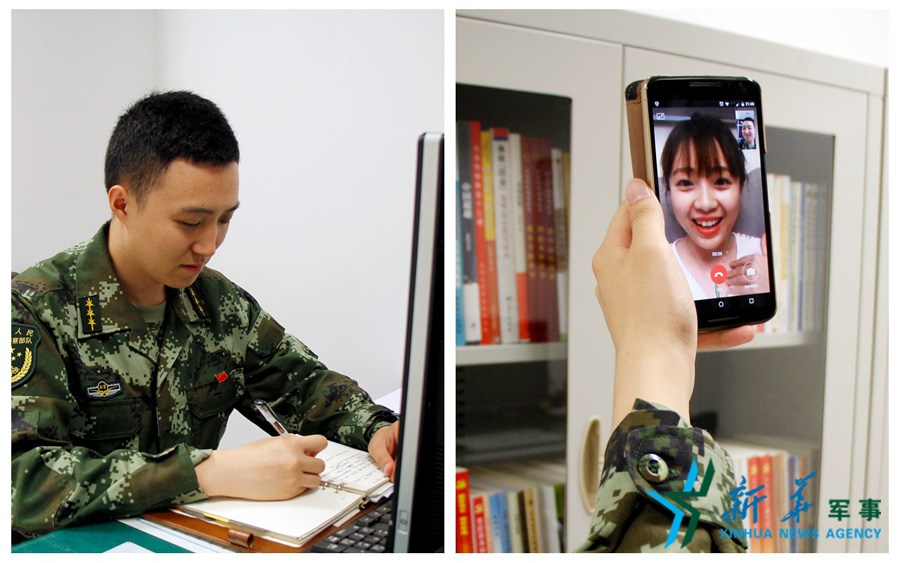 &uarr;陳德正，武警北京總隊(duì)七支隊(duì)某中隊(duì)指導(dǎo)員。七夕前夜堅(jiān)守在值班崗位上的他，在結(jié)束值班后給妻子打了個(gè)視頻電話，通過網(wǎng)絡(luò)表達(dá)著對(duì)妻子的愛意。閆星辰 攝