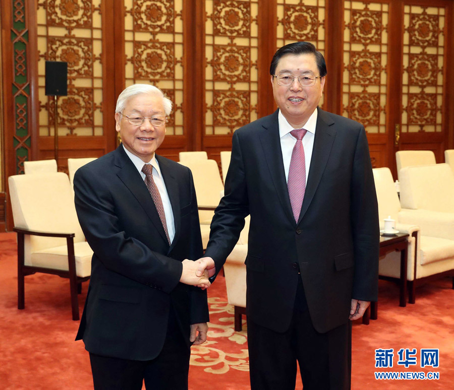 1月13日，中共中央政治局常委、全國(guó)人大常委會(huì)委員長(zhǎng)張德江在北京人民大會(huì)堂會(huì)見越共中央總書記阮富仲。 新華社記者 劉衛(wèi)兵 攝