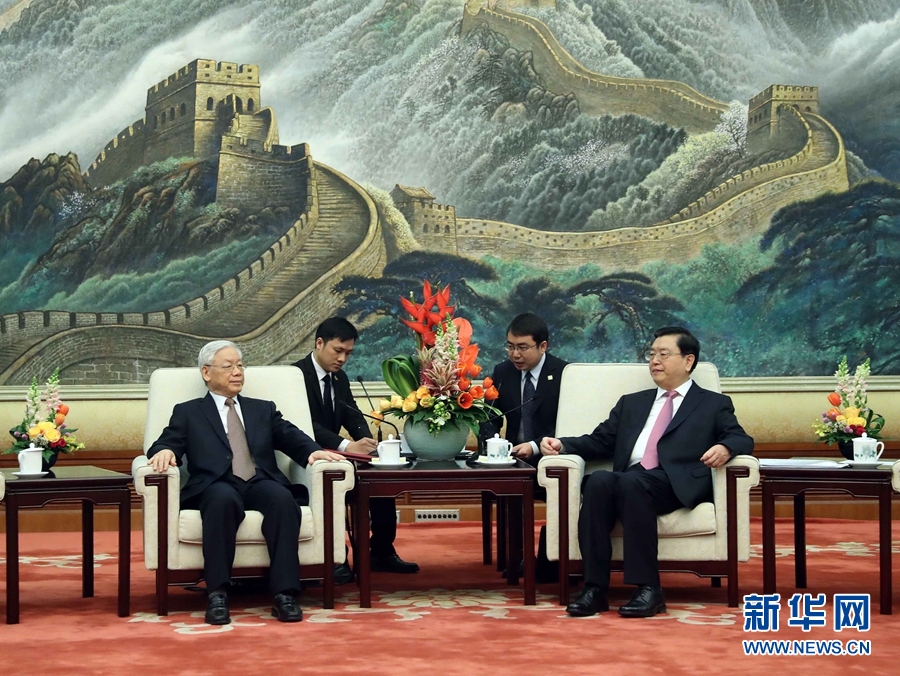 1月13日，中共中央政治局常委、全國(guó)人大常委會(huì)委員長(zhǎng)張德江在北京人民大會(huì)堂會(huì)見越共中央總書記阮富仲。 新華社記者 劉衛(wèi)兵 攝