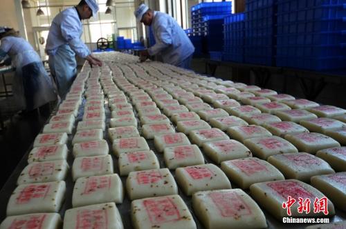 資料圖：師傅們在把制作好的桂花糖年糕擺放整齊。王思哲 攝