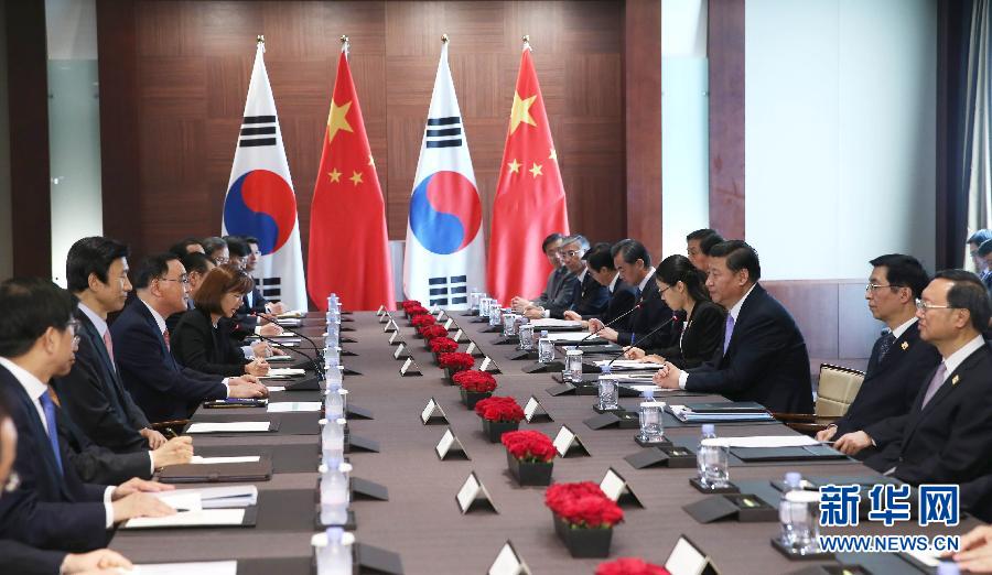 7月4日，國家主席習(xí)近平在首爾會(huì)見韓國總理鄭烘原。 新華社記者謝環(huán)馳攝 