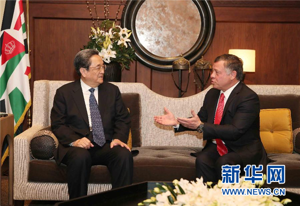 11月9日，正在約旦進行正式友好訪問的全國政協(xié)主席俞正聲在安曼會見約旦國王阿卜杜拉二世。 新華社記者 劉衛(wèi)兵 攝 