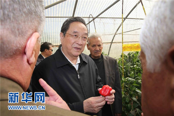 11月8日，正在約旦進行正式友好訪問的全國政協(xié)主席俞正聲在約旦河谷參觀碩果農(nóng)業(yè)合作社。 新華社記者 劉衛(wèi)兵 攝 