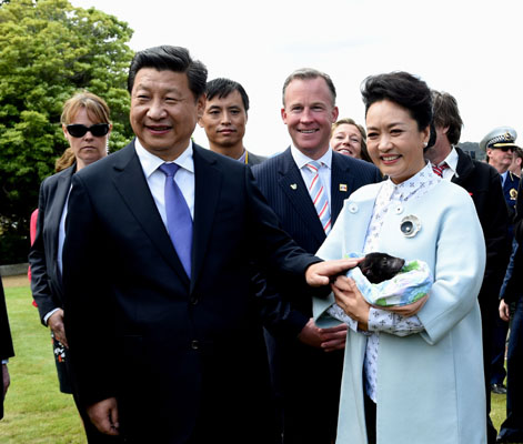 11月18日，國家主席習近平在澳大利亞塔斯馬尼亞州與朗塞斯頓市斯科奇－歐克伯恩小學的小學生共同植樹。這是習近平和夫人彭麗媛植樹后撫摸袋獾。新華社記者 饒愛民 攝