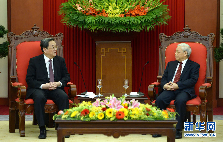 12月25日至27日，中共中央政治局常委、全國(guó)政協(xié)主席俞正聲對(duì)越南進(jìn)行正式訪問(wèn)。這是12月26日，俞正聲在河內(nèi)會(huì)見(jiàn)越共中央總書記阮富仲。 新華社記者馬占成攝