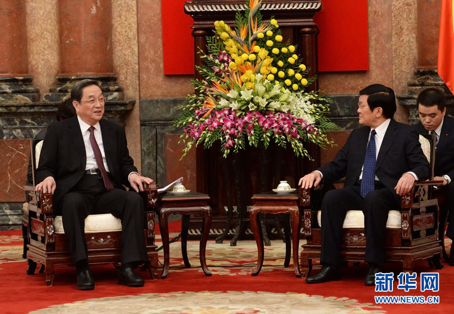 12月25日至27日，中共中央政治局常委、全國(guó)政協(xié)主席俞正聲對(duì)越南進(jìn)行正式訪問(wèn)。這是12月26日，俞正聲在河內(nèi)會(huì)見(jiàn)越南國(guó)家主席張晉創(chuàng)。 新華社記者劉建生攝