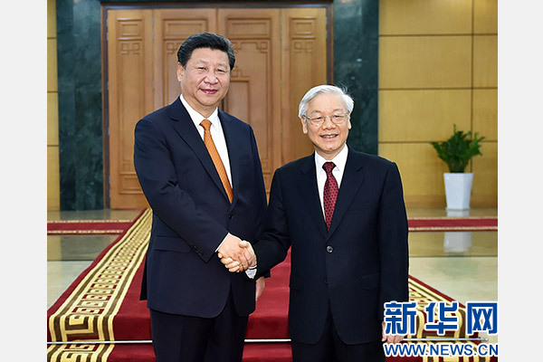 11月5日，中共中央總書記、國家主席習近平在河內同越共中央總書記阮富仲舉行會談。 新華社記者李濤攝