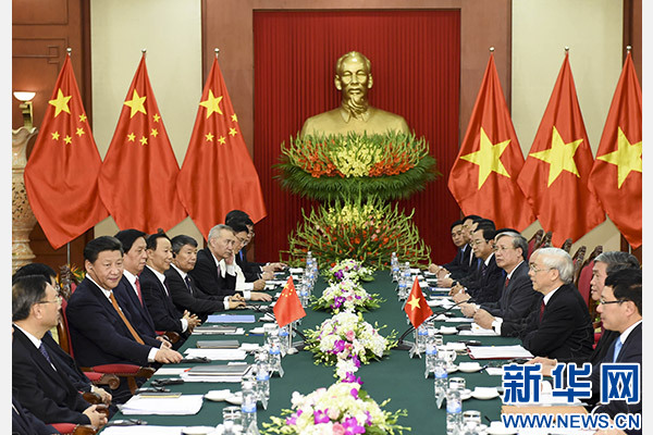 11月5日，中共中央總書記、國家主席習近平在河內同越共中央總書記阮富仲舉行會談。 新華社記者李學仁攝